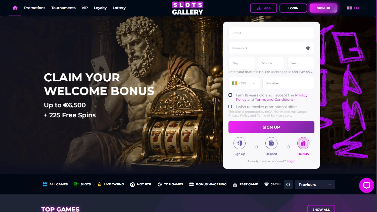 Slots Gallery Casino desktop games screen