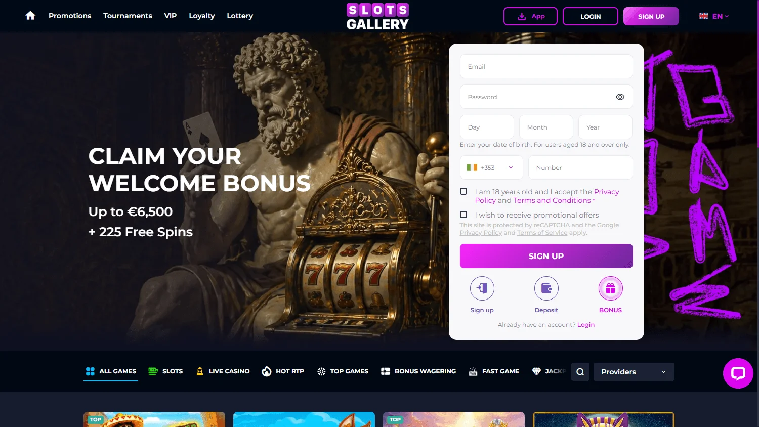 Slots Gallery Casino desktop live casino screen