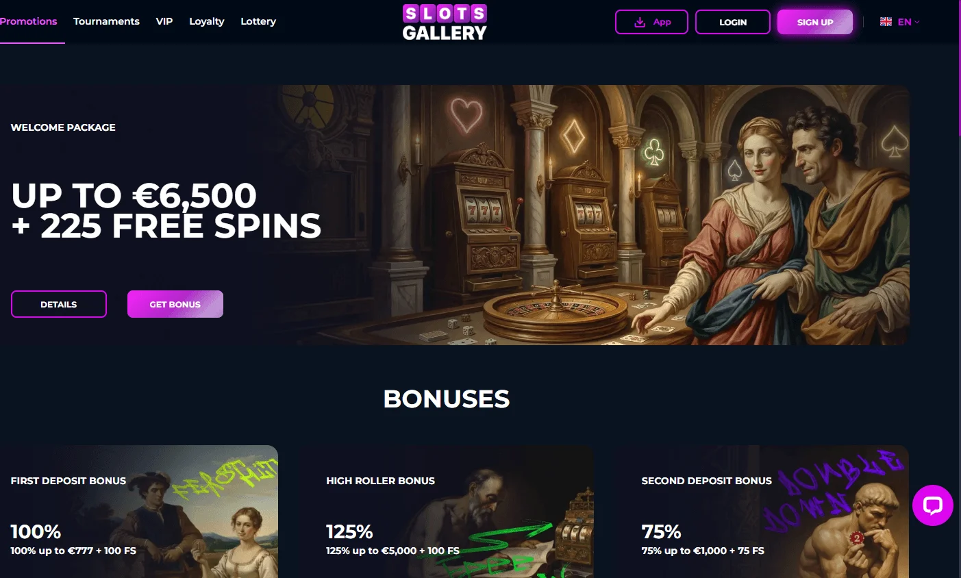 Slots Gallery Casino desktop promotions screen