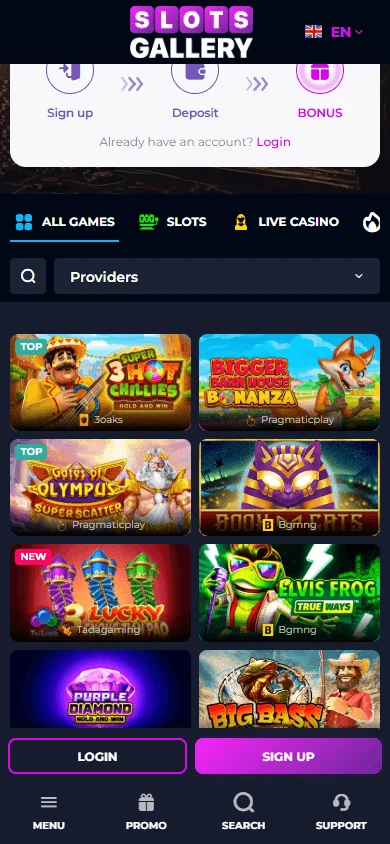 Slots Gallery Casino mobile game catalogue screen